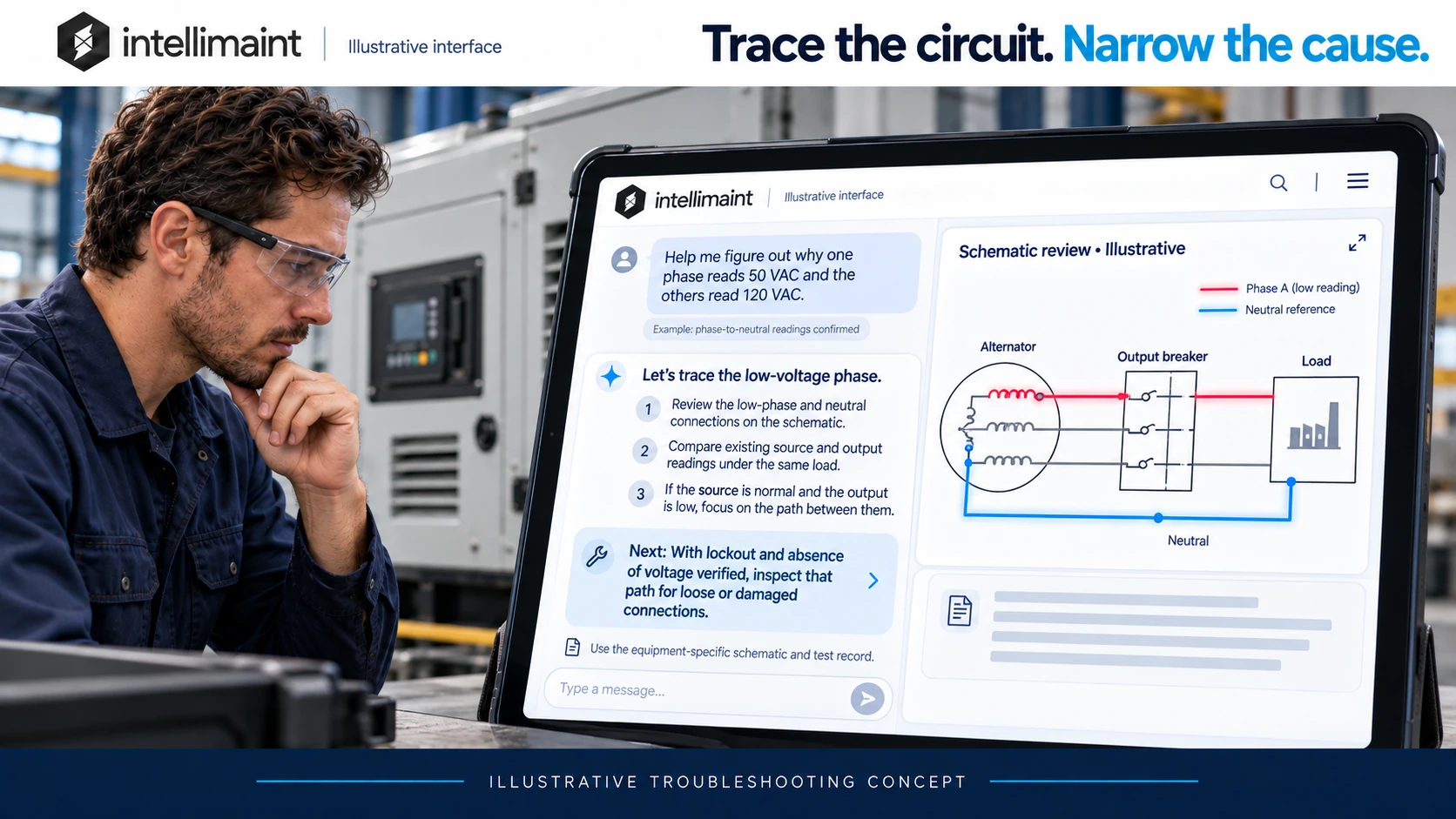 Illustrative IntelliMaint conversation tracing an uneven generator voltage reading through a schematic and identifying the next inspection.
